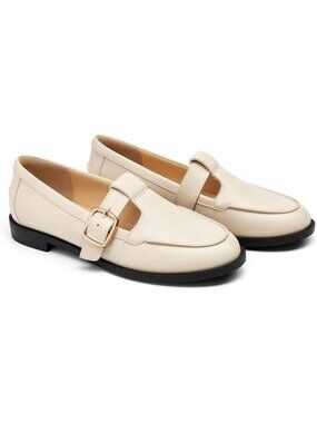 Women's Beige Comfortable T-Strap Closed Round Toe Slip On Flat Loafers